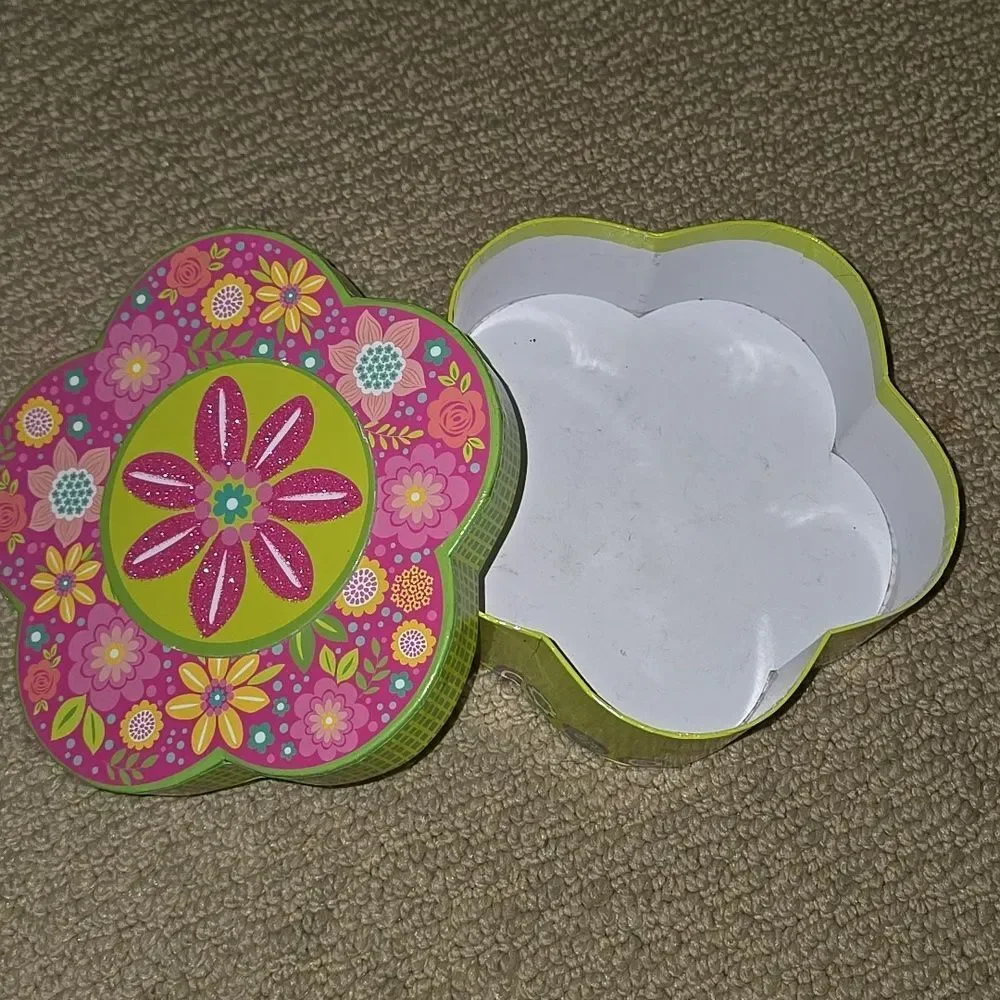 Floral Flower Accessory Box Organizer Pink Green Glitter Trinket Office Mini
